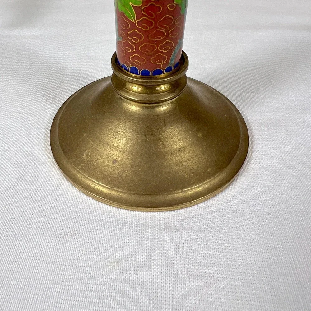 Vintage Oriental Cloisonné Floral and Bird Brass Candlestick Holder